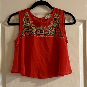 love, Fire Red Embroidered Sleeveless Crop Top